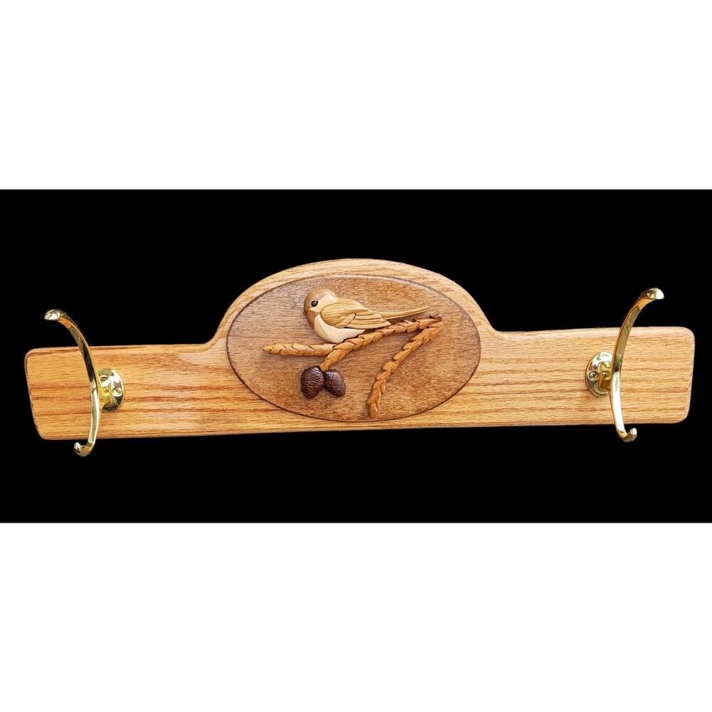 NEW Handmade Solid Oak Wood Coat Rack Decorative Intarsia Bird Two Brass Hooks